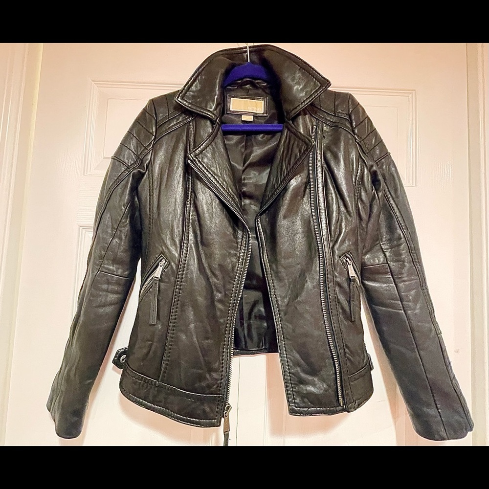 Black, genuine leather moto style Michael Kors jacket, size XS (0-2).